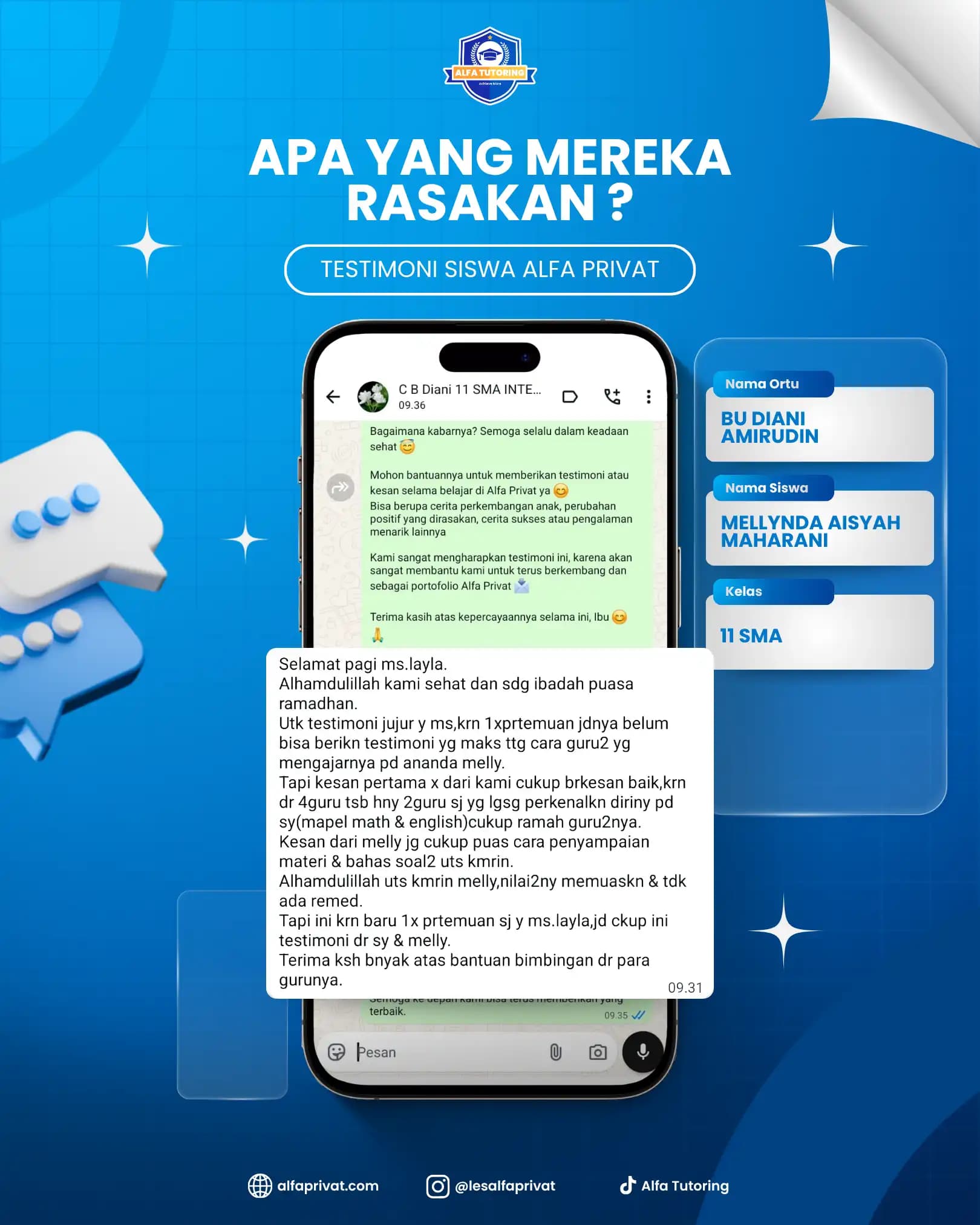 Testimoni siswa Alfa Privat Mellynda Aisyah Maharani