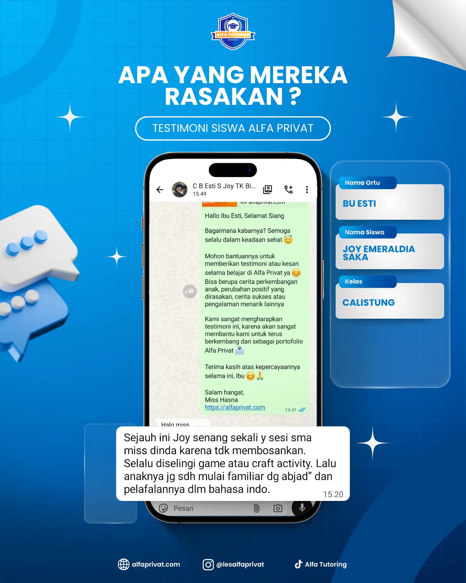 Testimoni siswa Alfa Privat Joy Emeralda Saka