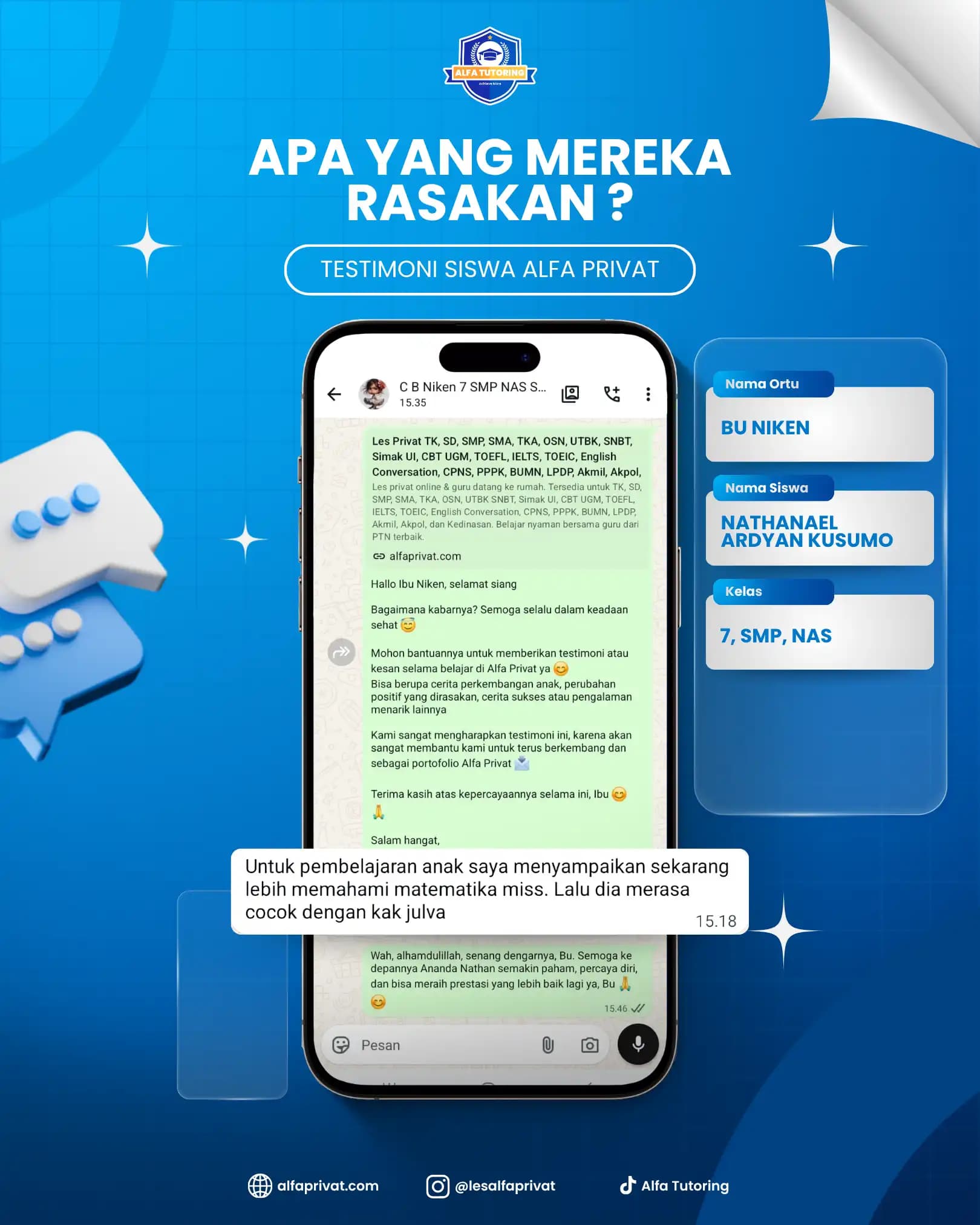Testimoni siswa Alfa Privat Nathanel Ardyan Kusumo