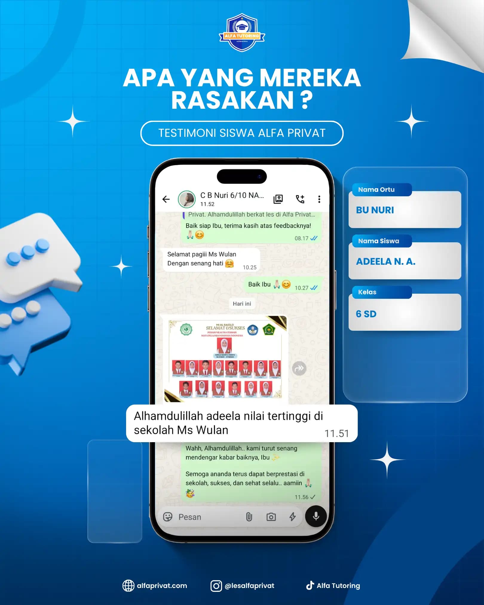 Testimoni siswa Alfa Privat Adela N A