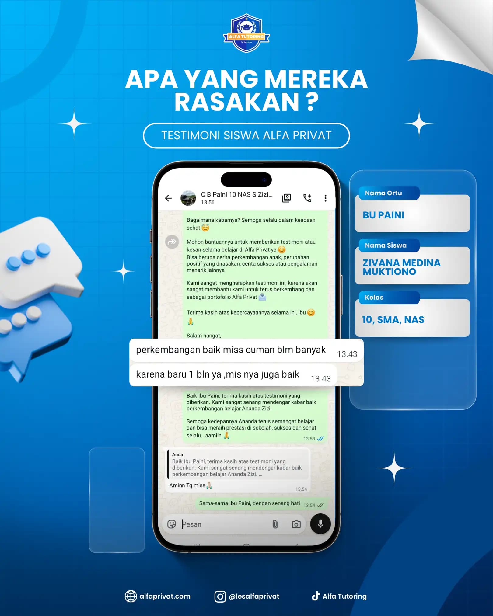Testimoni siswa Alfa Privat Zivana Medina Muktiono
