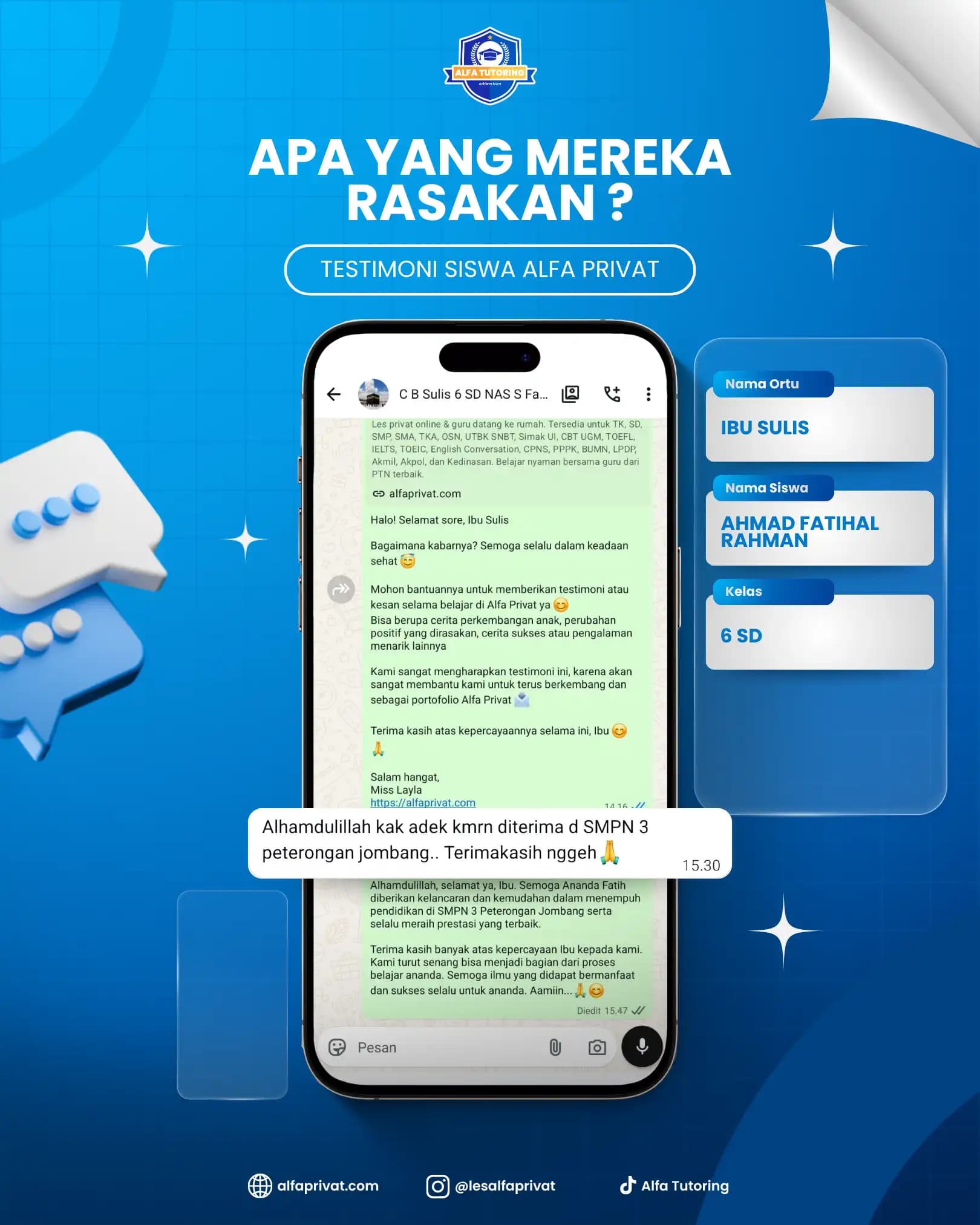 Testimoni siswa Alfa Privat Ahmad Fatihal Rahman