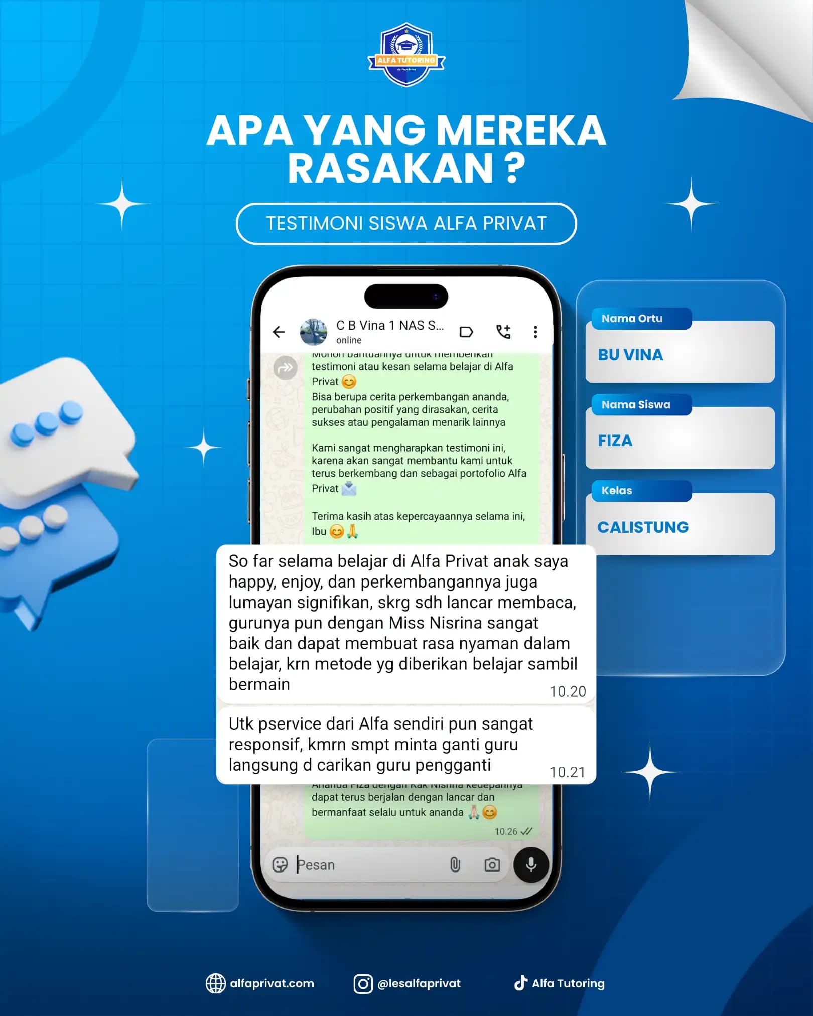 Testimoni siswa Alfa Privat Fiza