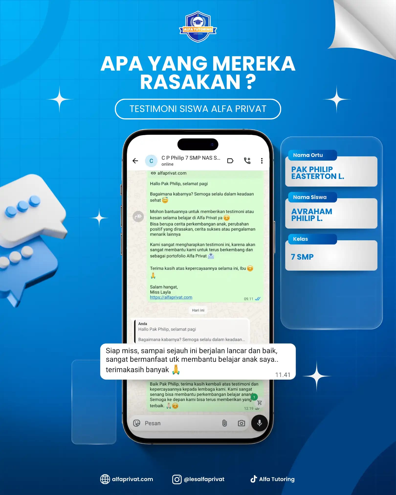 Testimoni siswa Alfa Privat Avraham Philip L