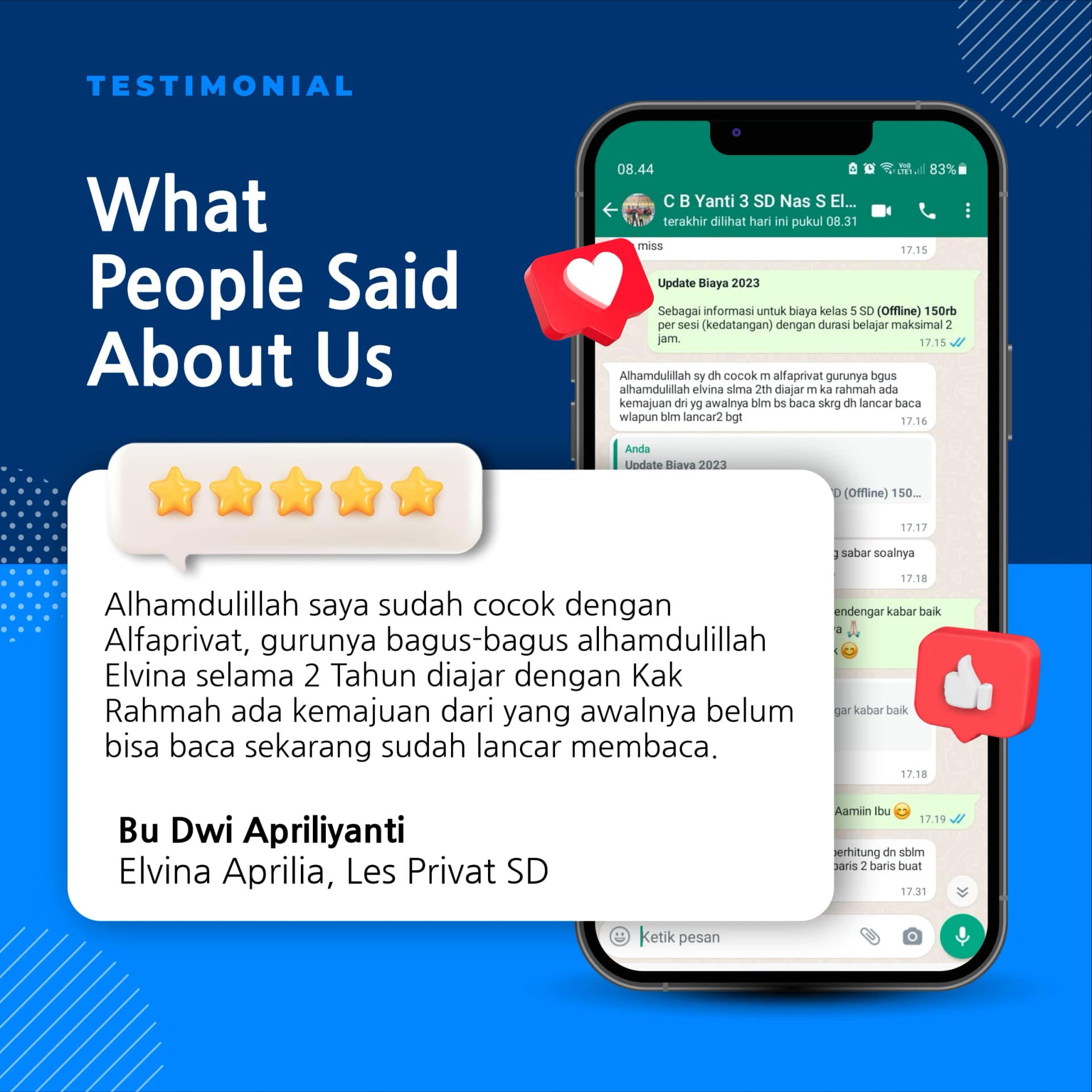 Testimoni Testimoni alfa les privat sd siswa elvina aprilia - Alfa Privat