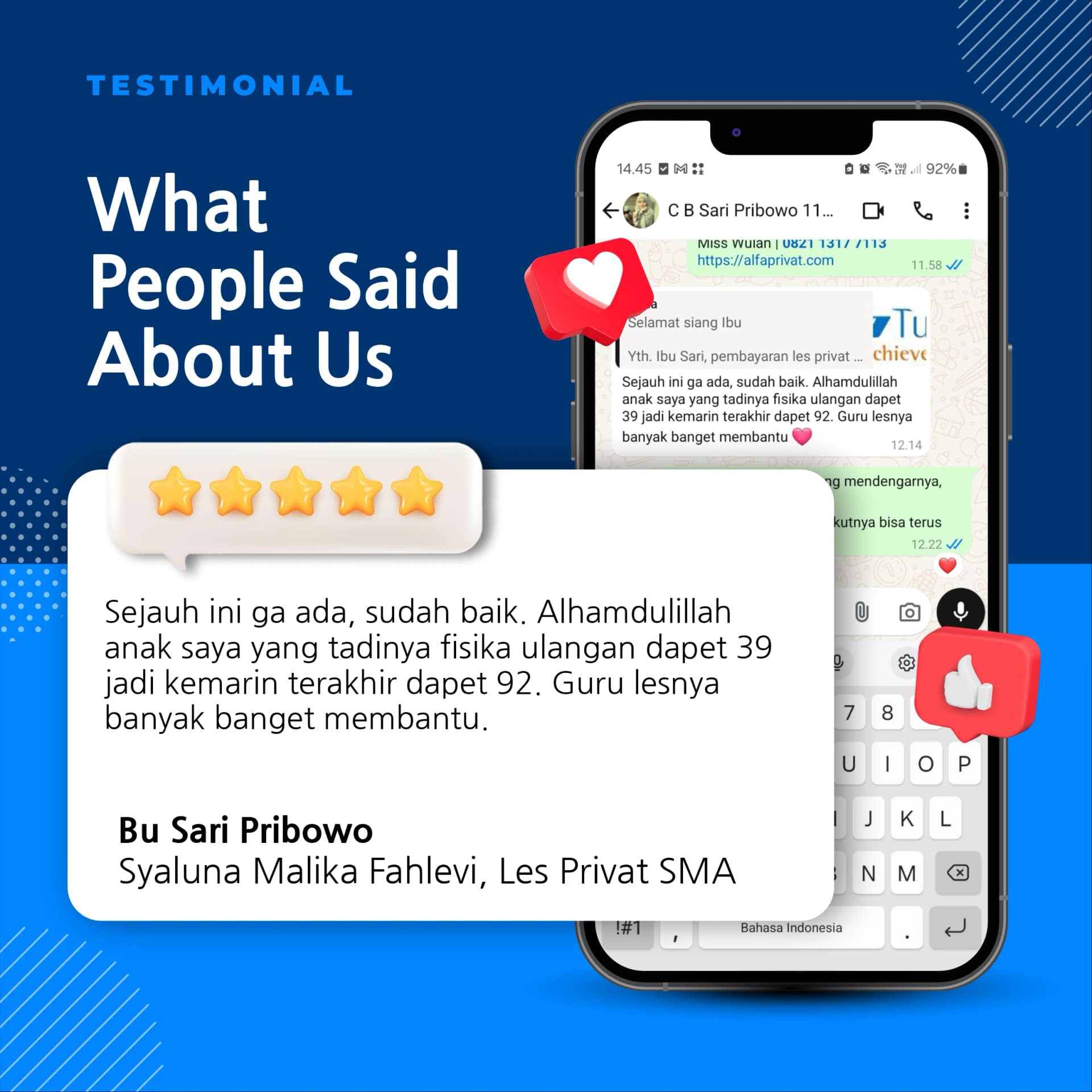 Testimoni Testimoni alfa les privat sma siswa syaluna maliki fahlevi - Alfa Privat